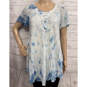 NWT L.S.I. Tunic One Size Semi-Sheer Blue Tie Dye Floral Embroidery Bohemian Top